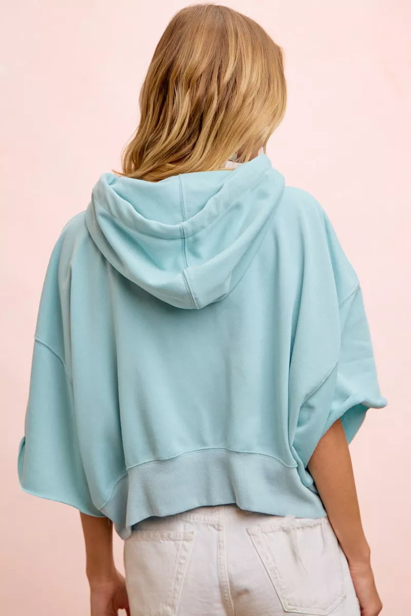 Bibi Washed Terry Short Sleeve Drawstring Hoodie Top LT BLUE/PALE LEMON view 3 (top) - top hoodie, draw - shop at us.meeeshop