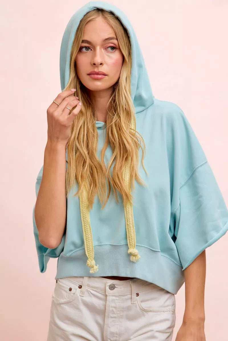 Bibi Washed Terry Short Sleeve Drawstring Hoodie Top view 5 (top) - top hoodie, drawstring top hoodie - shop at us.meeeshop