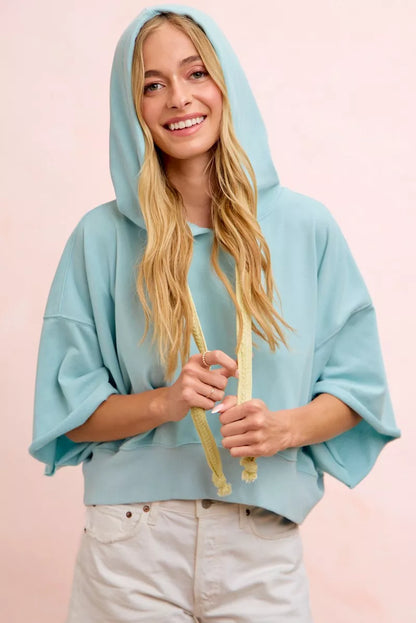 bibi washed terry Bibi Washed Terry Short Sleeve Drawstring Hoodie Top view 8 (top) - shop at us.meeeshop