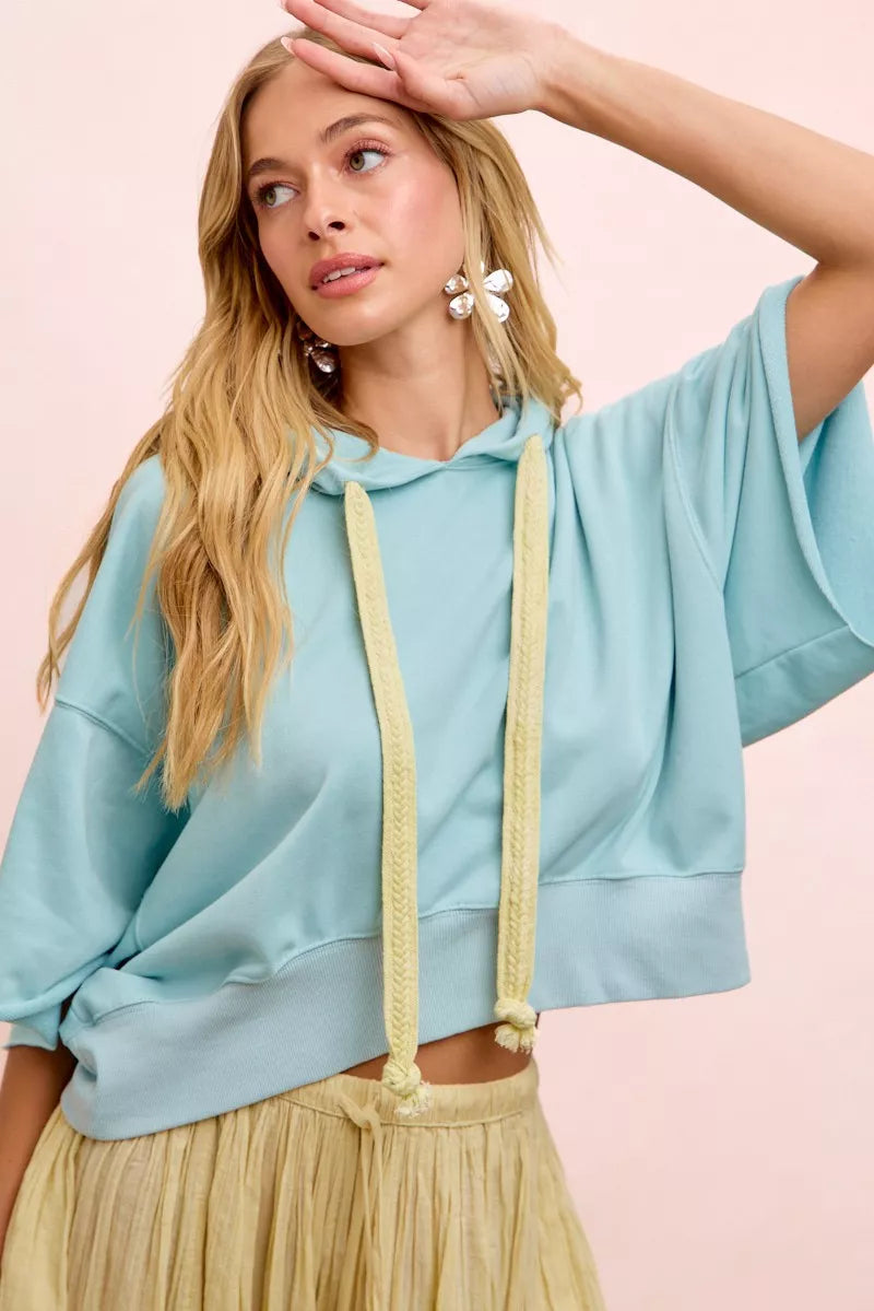 Bibi Washed Terry Short Sleeve Drawstring Hoodie Top view 9 (top) - top hoodie, drawstring top hoodie - shop at us.meeeshop