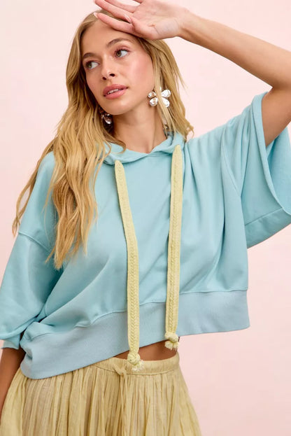 bibi washed terry Bibi Washed Terry Short Sleeve Drawstring Hoodie Top view 9 (top) - shop at us.meeeshop