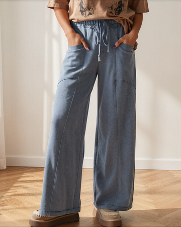 Billie Mineral Wash Drawstring High Waist Wide Leg Pants in Smoke Gray - High-Waisted (bottom)