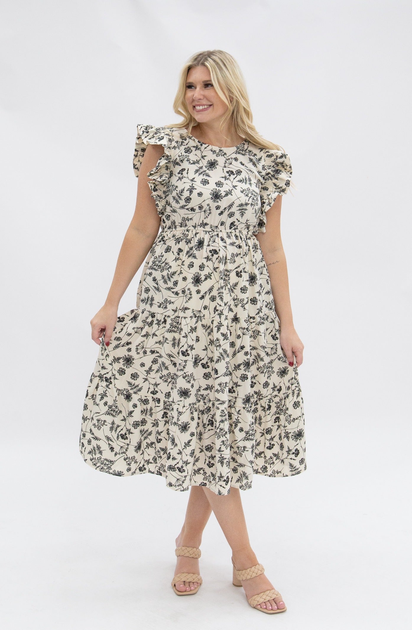 Black & Ivory Floral Tiered Dress in Floral - Black Ivory Dress Wedding
