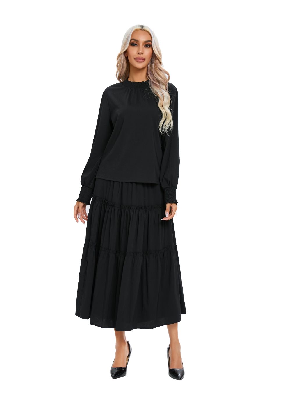 Black Tiered Midi Dress Outfit Set in L view 4 - Black Tiered Clothing