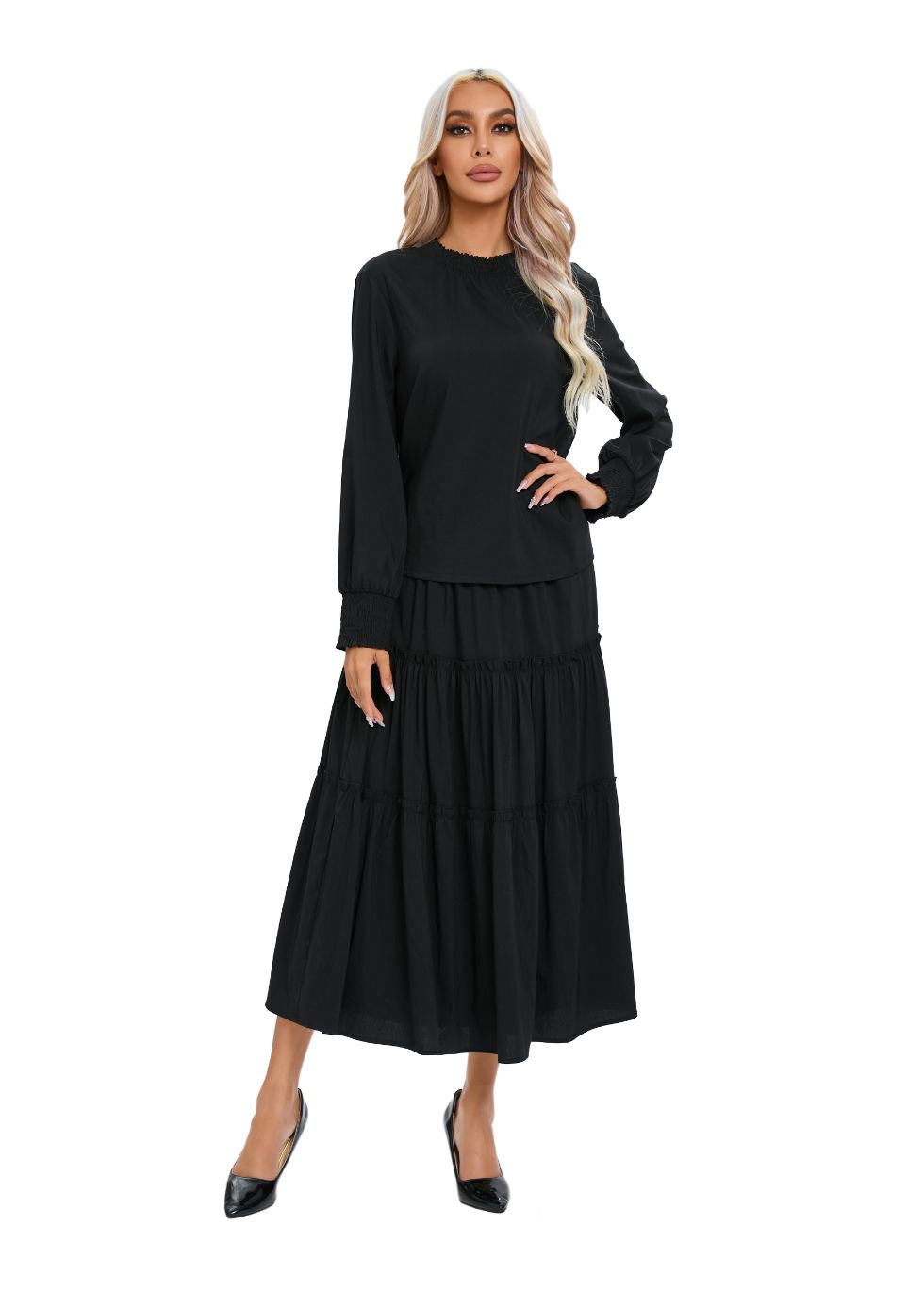 Black Tiered Midi Dress Outfit Set in XL view 5 - Black Tiered Clothing