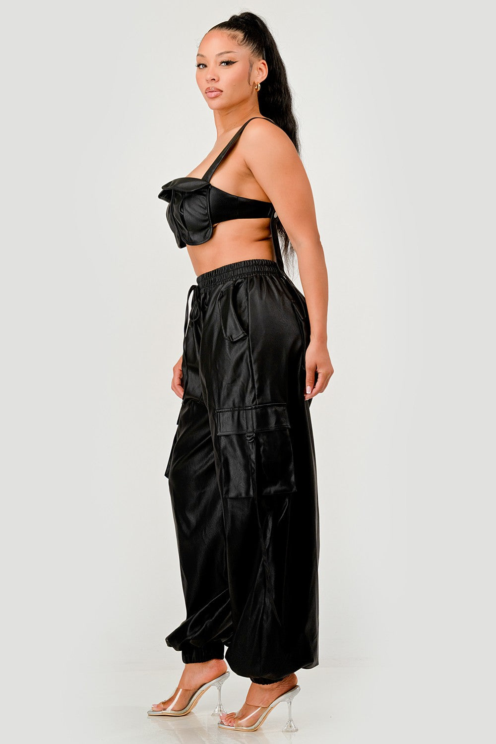 Black Utility Crop Top & Cargo Pant Set in L view 3 - Black Cargo Top