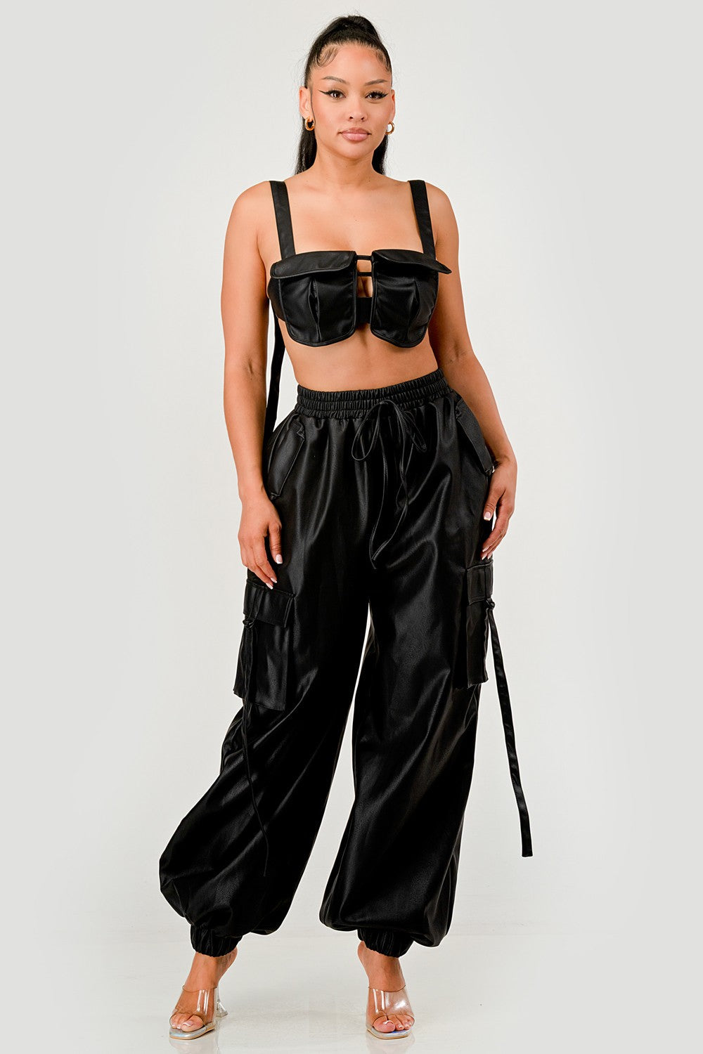 Black Utility Crop Top & Cargo Pant Set in M view 2 - Black Cargo Top