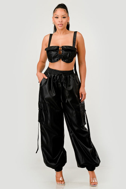 Black Utility Crop Top & Cargo Pant Set in S - Black Cargo Top