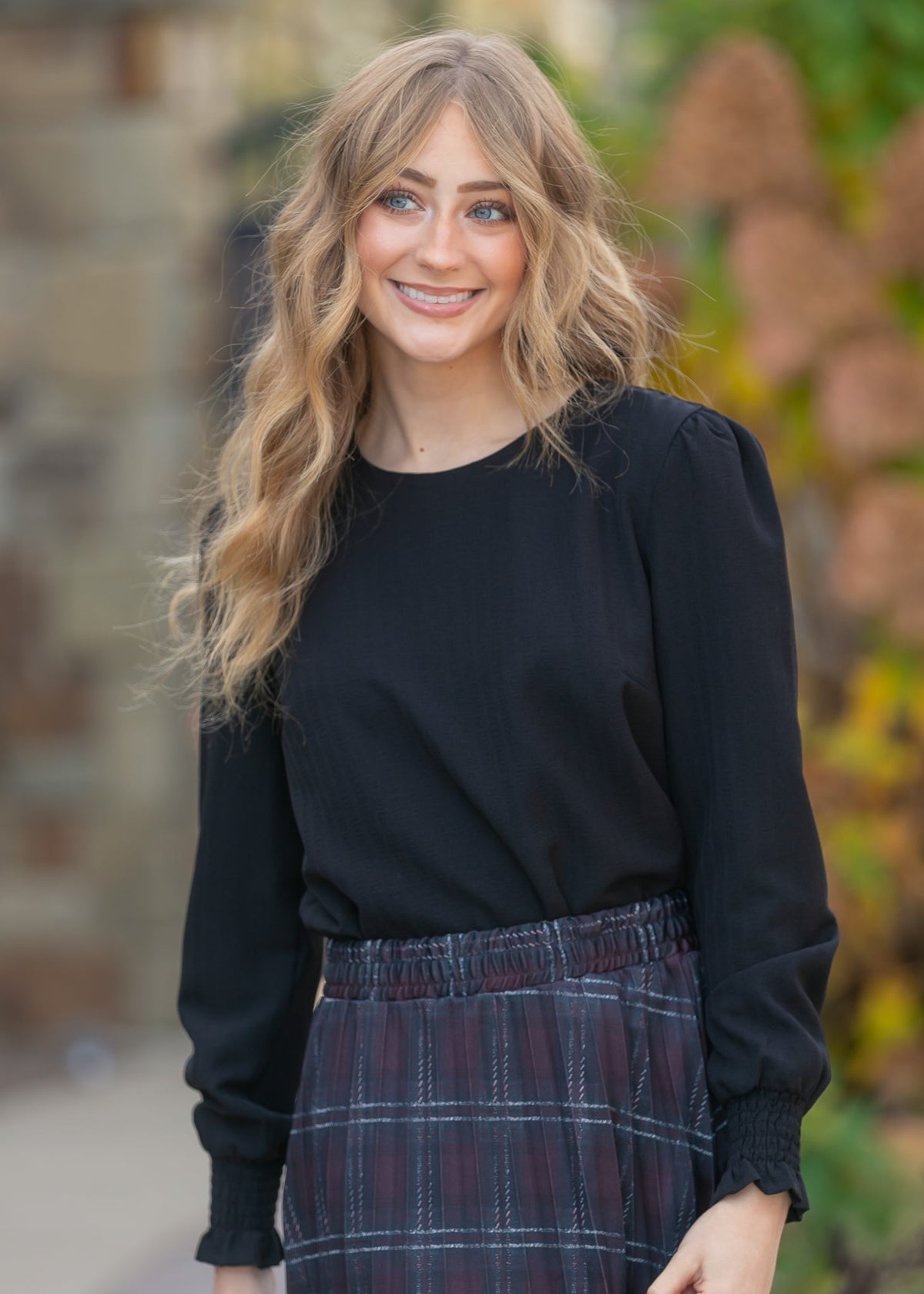 Blake Cinched Sleeve Blouse in Cream - Black Cinched Blouse (top)