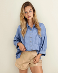 Blake Washed Drop Shoulder Bracelet Sleeve Chambray Shirt Myosotis (top) - black washed shirt, black wa - shop at us.meeeshop