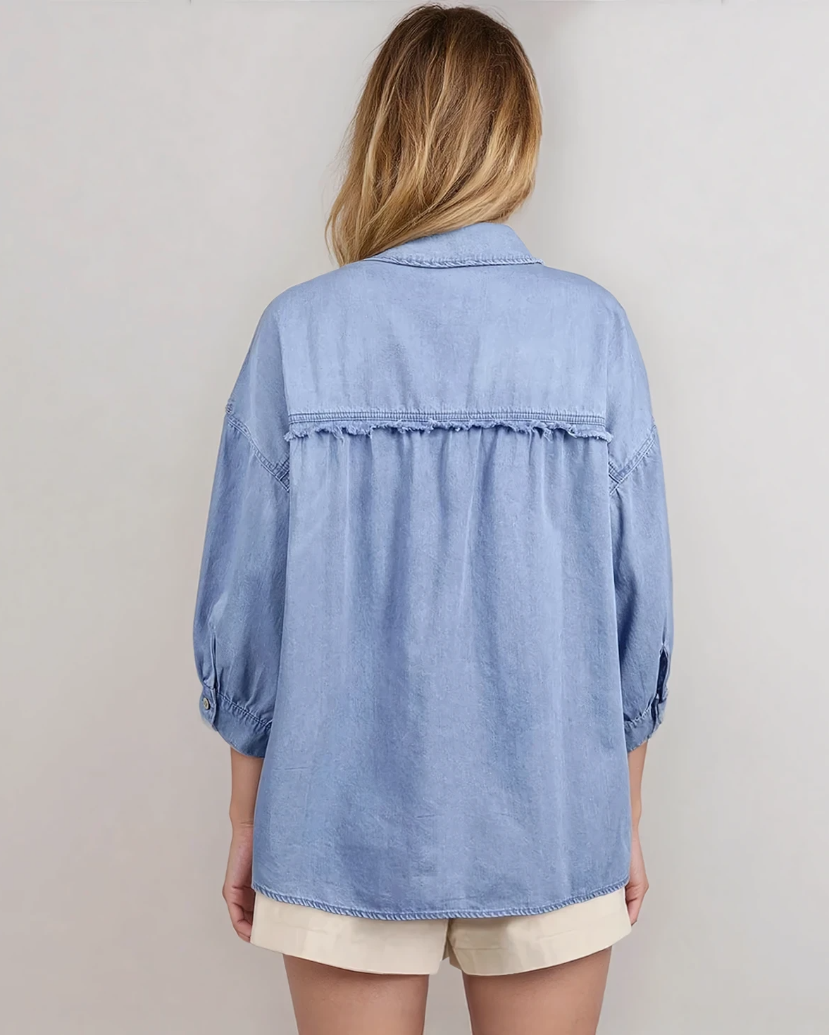 . Blake Washed Drop Shoulder Bracelet Sleeve Chambray Shirt - MeeeShop Women's Fashion