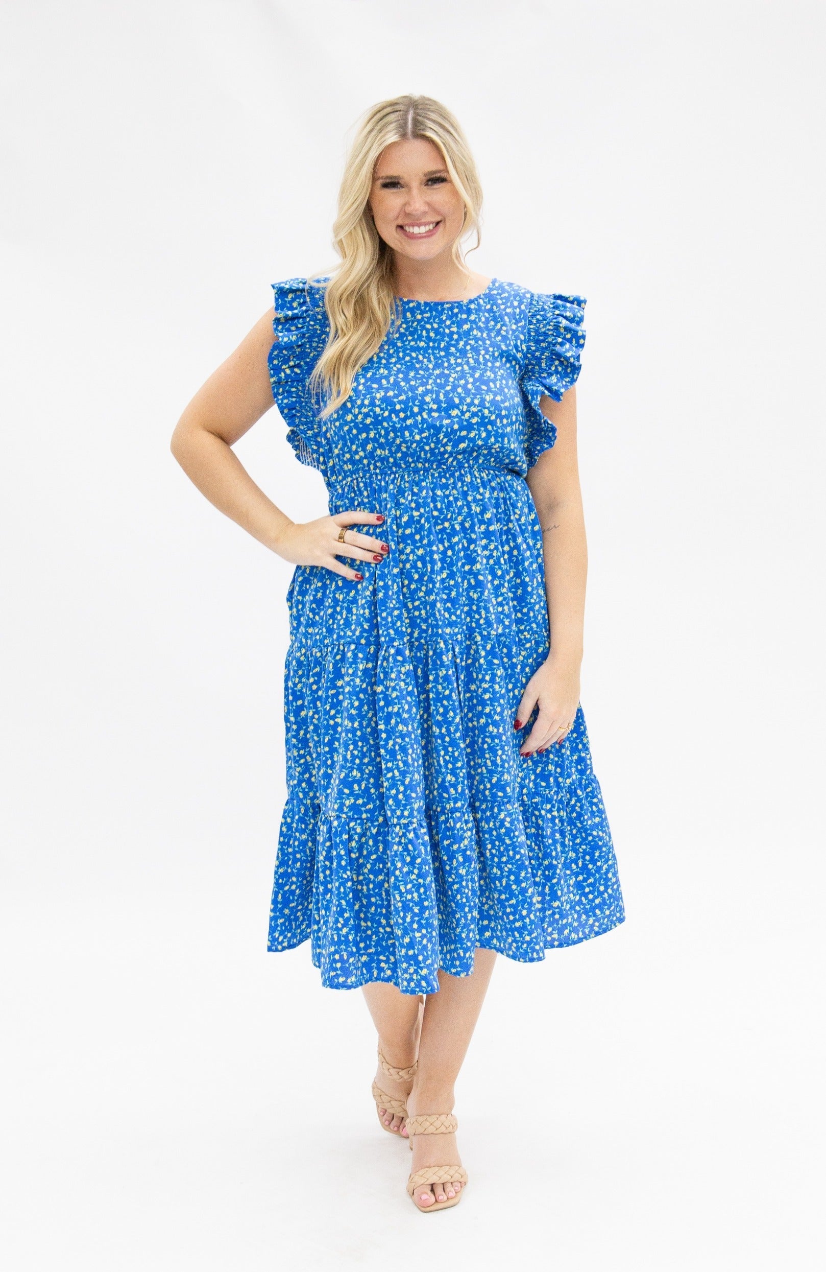 Blue Floral Tiered Dress in Blue - Blue Floral Dress With Sleeves