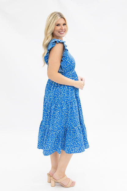Blue Floral Tiered Dress in Blue view 2 - Blue Floral Dress With Sleeves