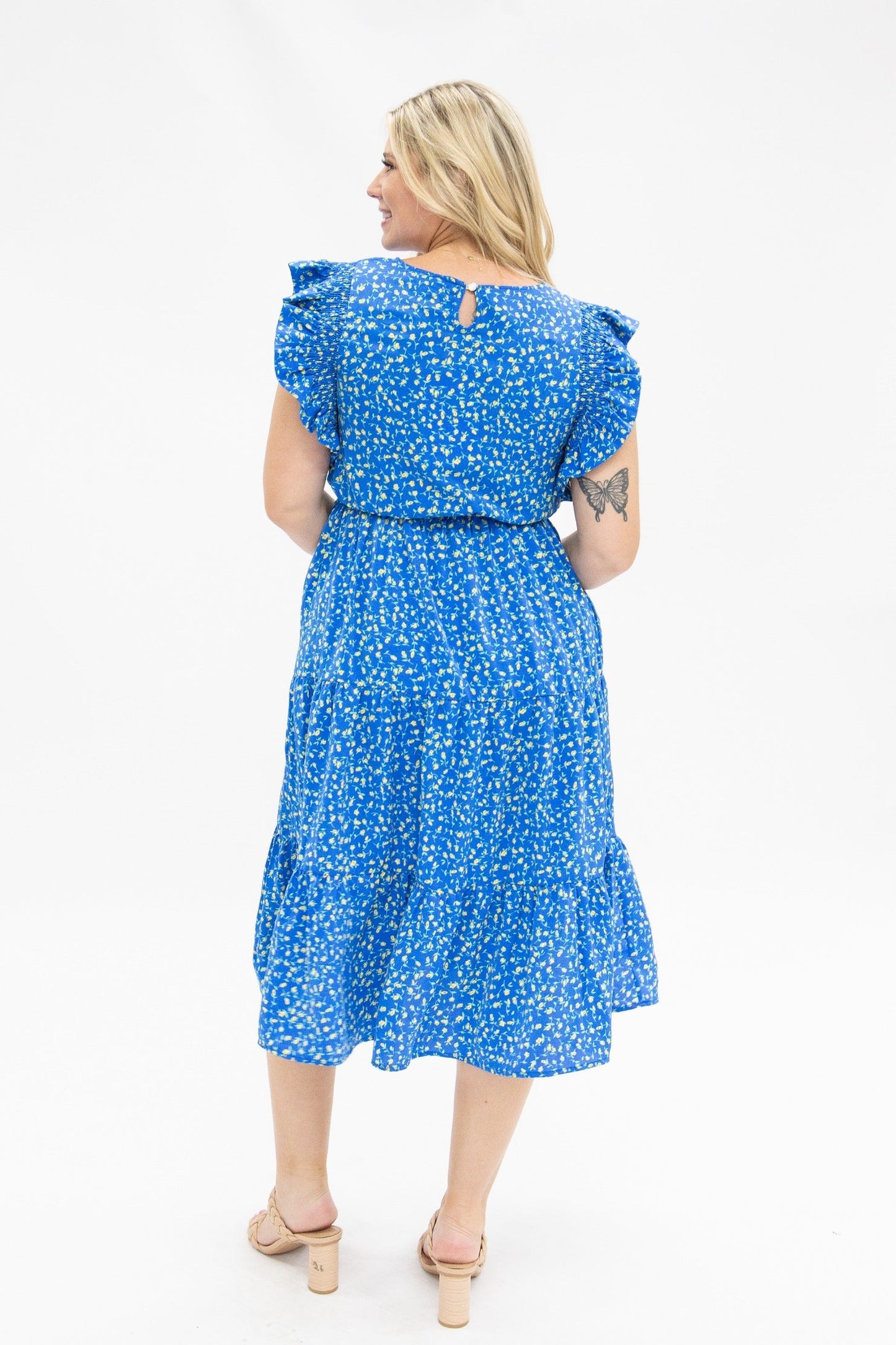 Blue Floral Tiered Dress in Blue view 3 - Blue Floral Dress With Sleeves
