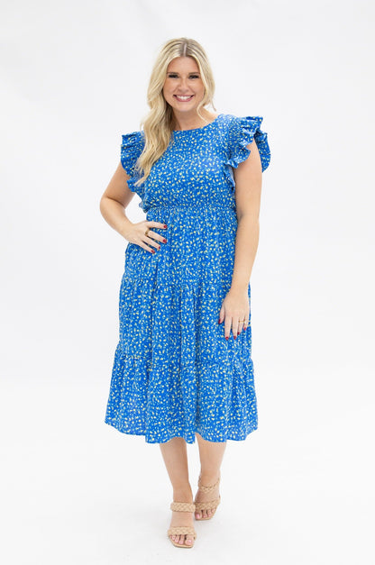 Blue Floral Tiered Dress in Blue view 4 - Blue Floral Dress With Sleeves