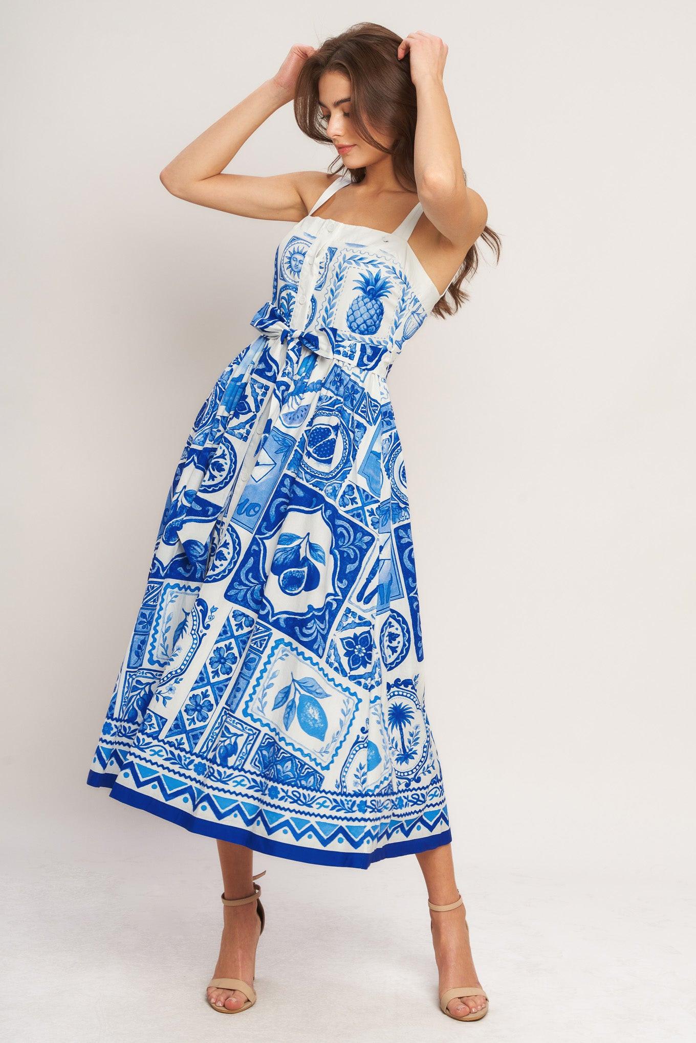Blue Majolica Charm Woven Midi Dress in IVORY BLUE - Blue Majolica Print Dress