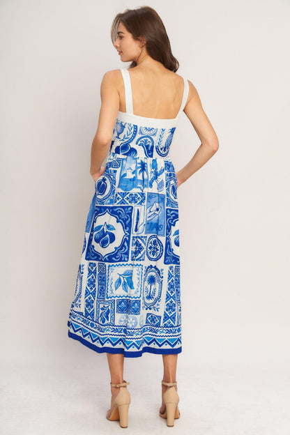 Blue Majolica Charm Woven Midi Dress in IVORY BLUE view 3 - Blue Majolica Print Dress
