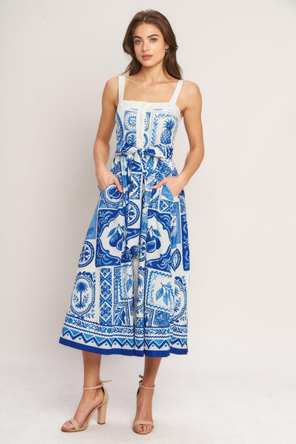 Blue Majolica Charm Woven Midi Dress in IVORY BLUE view 4 - Blue Majolica Print Dress
