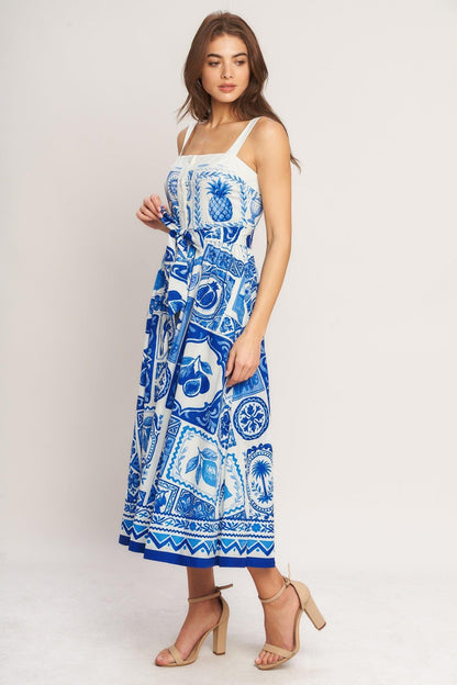 Blue Majolica Charm Woven Midi Dress in IVORY BLUE view 5 - Blue Majolica Print Dress