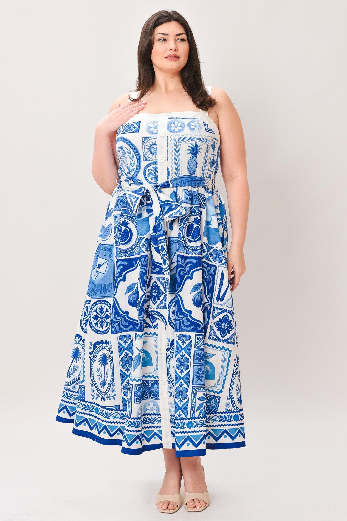 Blue Majolica Charm Woven Midi Dress view 12 - Blue Majolica Print Dress