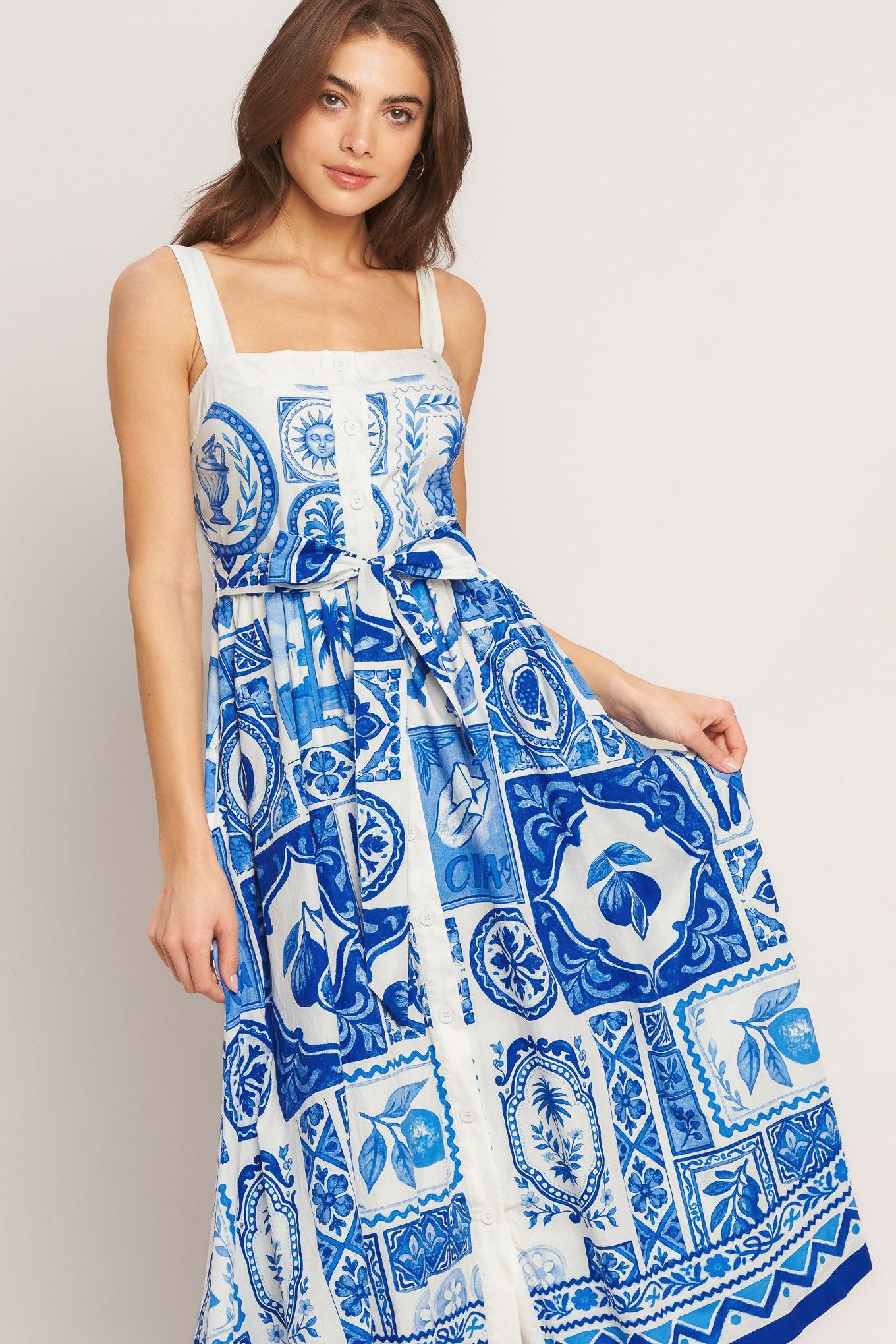 Blue Majolica Charm Woven Midi Dress view 7 - Blue Majolica Print Dress