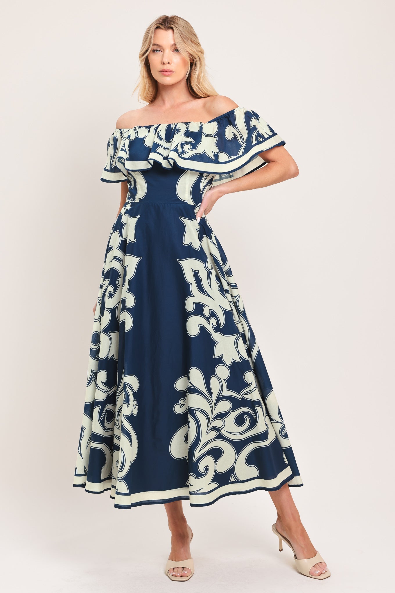 Blue Majolica Woven Midi Dress NAVY view 4 (dress) - blue majolica print dress, dolce blue majolica dre - shop at us.meeeshop