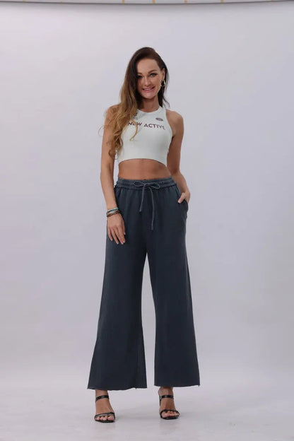 Boho Clothing and Accessories Acid Wash Wide-leg Sweatpants – Relaxed Fit with Raw Hem in Black - Boho Clothing For Women