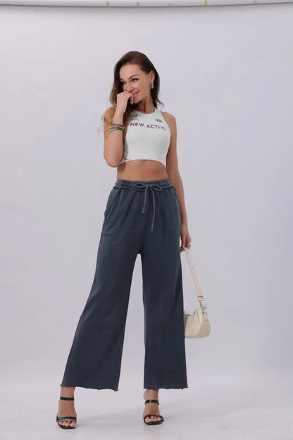 Boho Clothing and Accessories Acid Wash Wide-leg Sweatpants – Relaxed Fit with Raw Hem in Mocha view 4 (bottom)