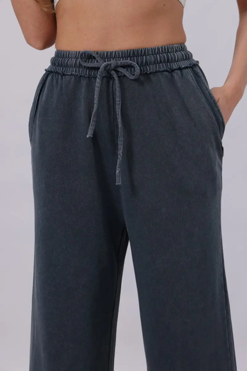Boho Clothing and Accessories Acid Wash Wide-leg Sweatpants – Relaxed Fit with Raw Hem in Olive view 7 (bottom)
