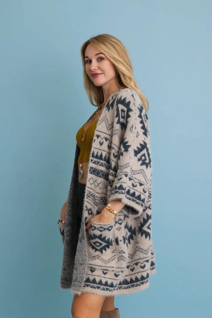 Boho Clothing and Accessories Aztec Soft Knit Cardigan with Tribal Print - Western Vibe 🌵 Top in Green view 3 - Boho Style