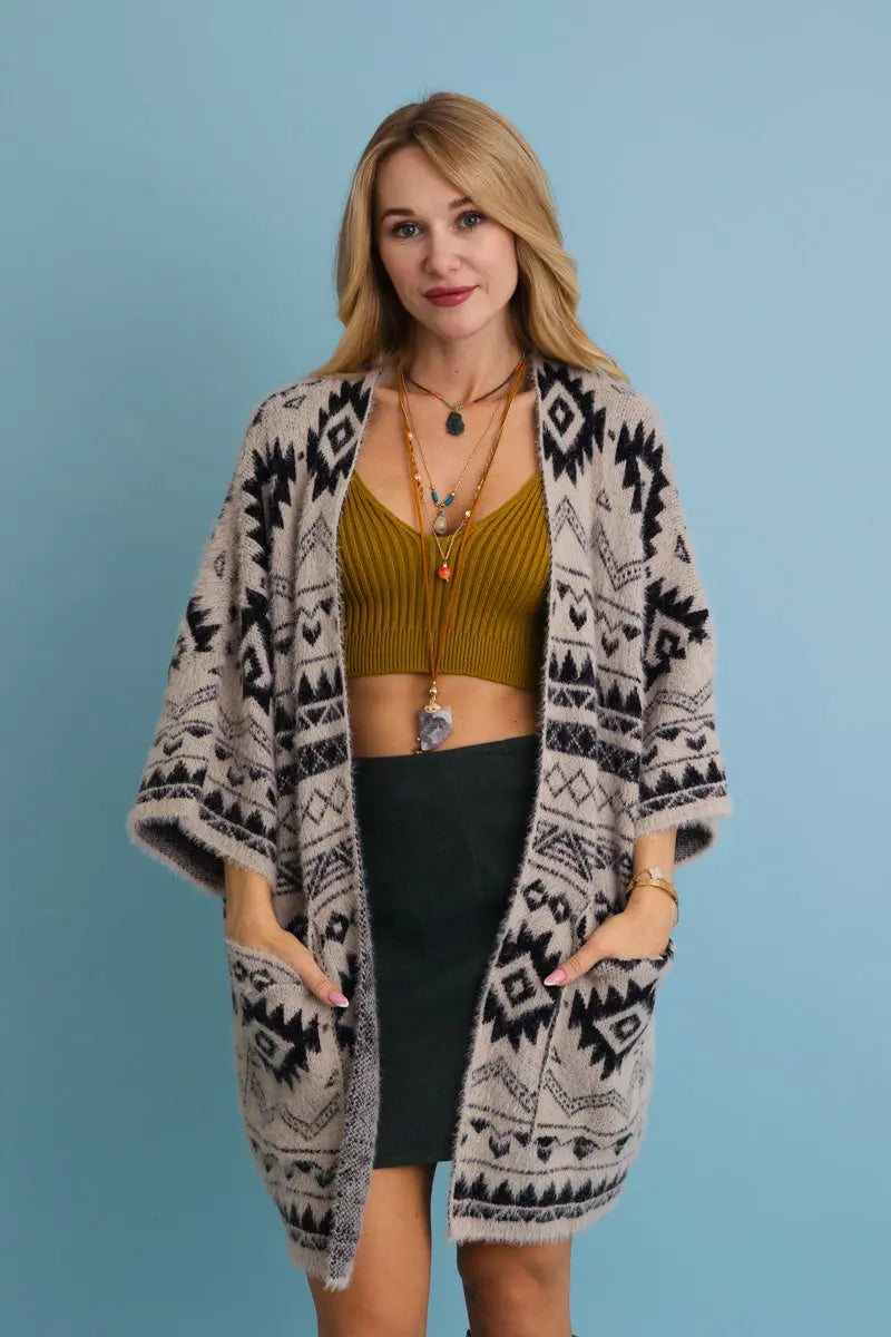Boho Clothing and Accessories Aztec Soft Knit Cardigan with Tribal Print - Western Vibe 🌵 Top in Mustard view 4 - Boho Style