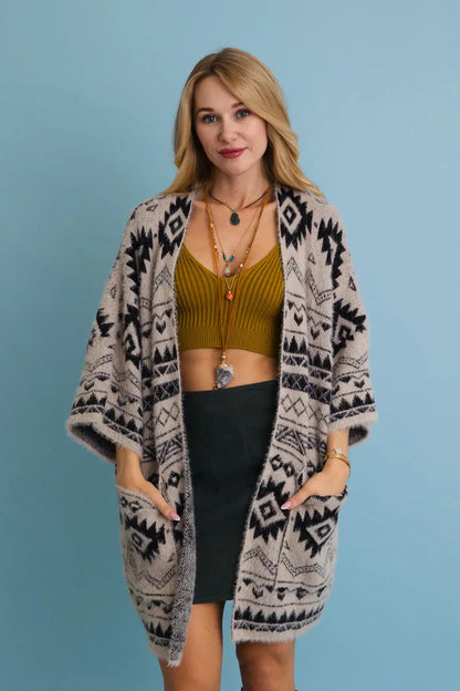 Boho Clothing and Accessories Aztec Soft Knit Cardigan with Tribal Print - Western Vibe 🌵 Top in Mustard view 4 - Boho Style