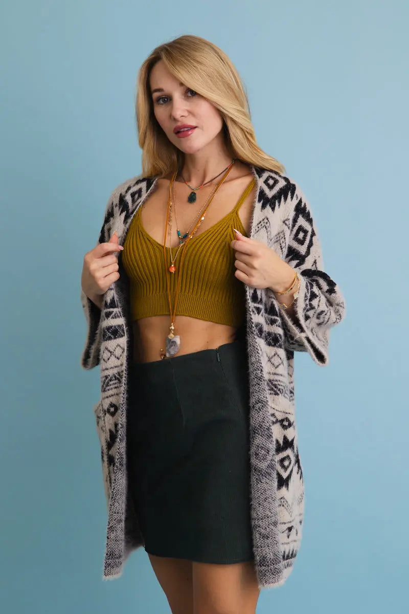 Boho Clothing and Accessories Aztec Soft Knit Cardigan with Tribal Print - Western Vibe 🌵 Top view 6 - Boho Style