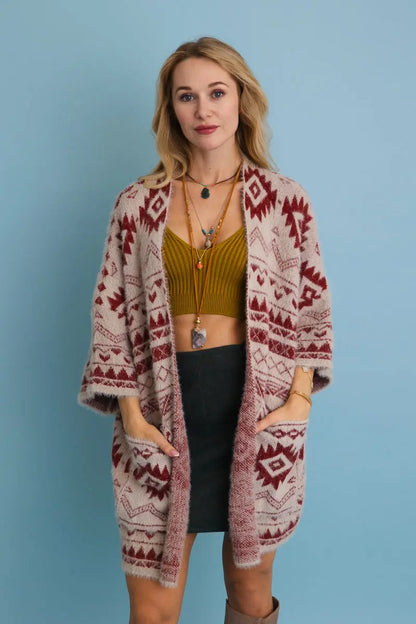 Boho Clothing and Accessories Aztec Soft Knit Cardigan with Tribal Print - Western Vibe 🌵 Top view 7 - Boho Style