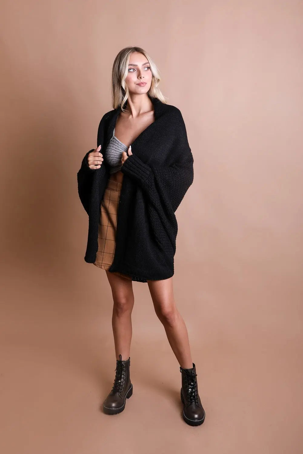 Boho Clothing and Accessories Bat Sleeve Knit Cardigan Top in Gray view 2 - Boho Style - Boho Style Cardigan
