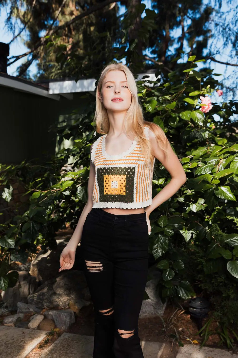 Boho Clothing and Accessories Bohemian Fusion Multi-patterned Crochet Stitched Top in M/L view 3 - Boho Style