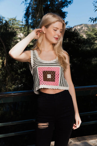 Boho Clothing and Accessories Bohemian Fusion Multi-patterned Crochet Stitched Top in M/L view 4 - Boho Style