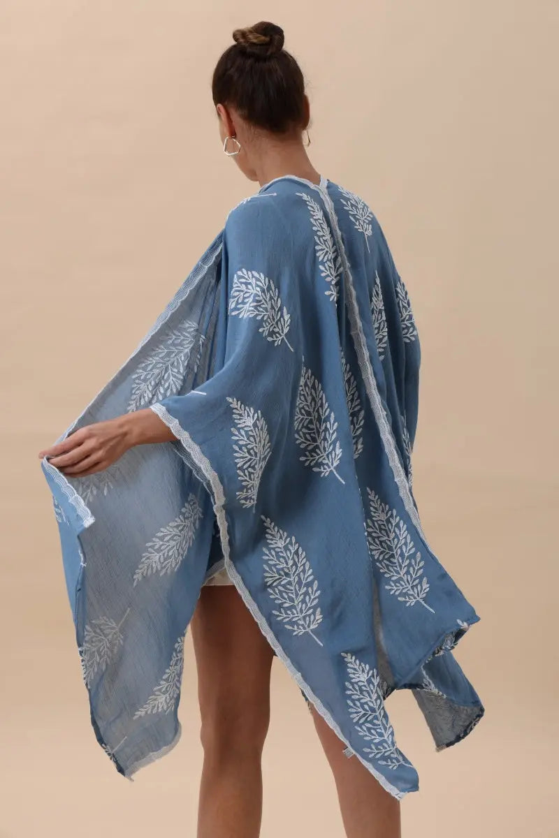 Boho Clothing and Accessories Botanical Leaf Embroidered Kimono Cardigan Top view 4 - Boho Style - Boho Style Cardigan