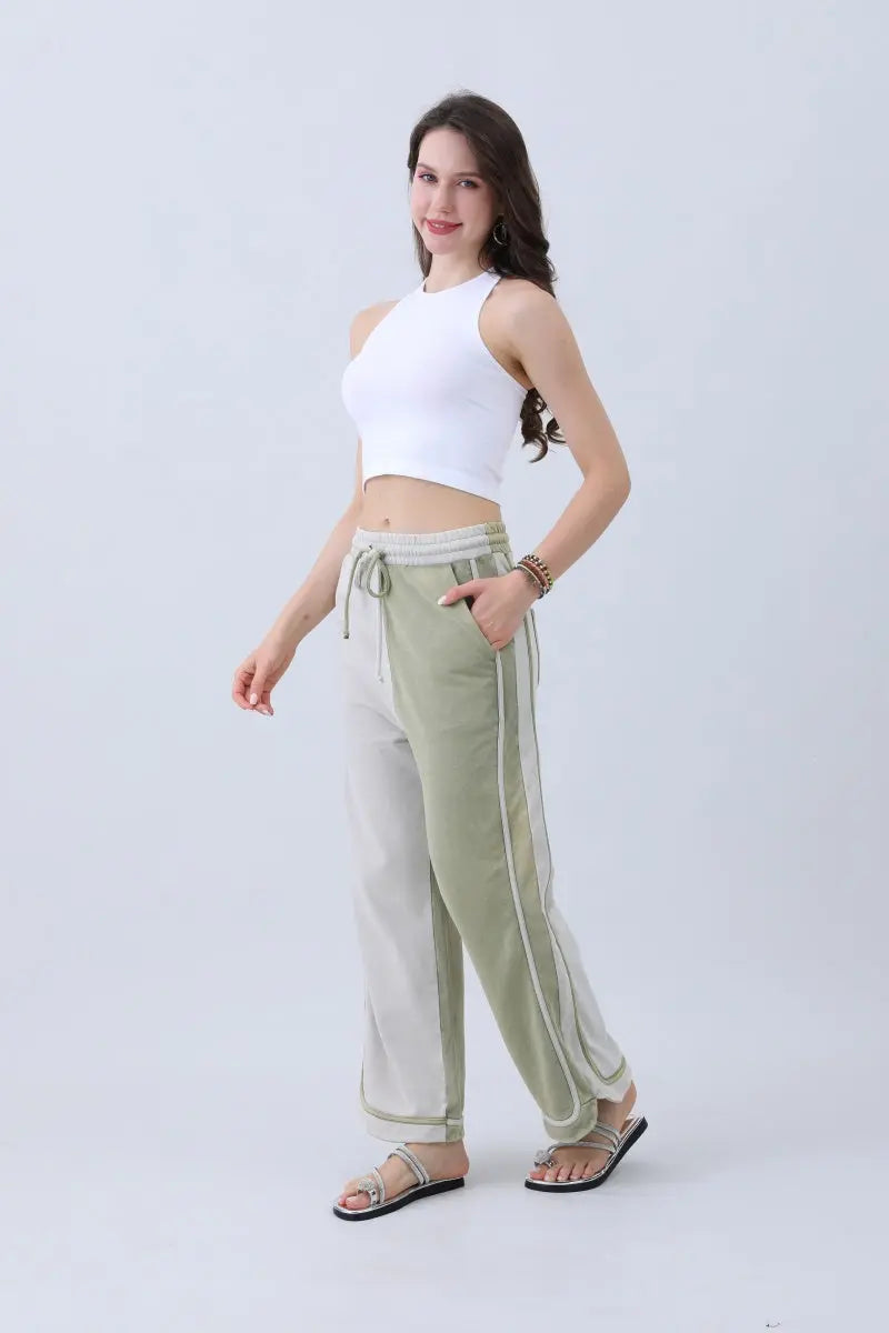Boho Clothing and Accessories Breathable Wide-leg Pants – Olive Two-tone Straight Fit in Medium view 2 - Boho Style
