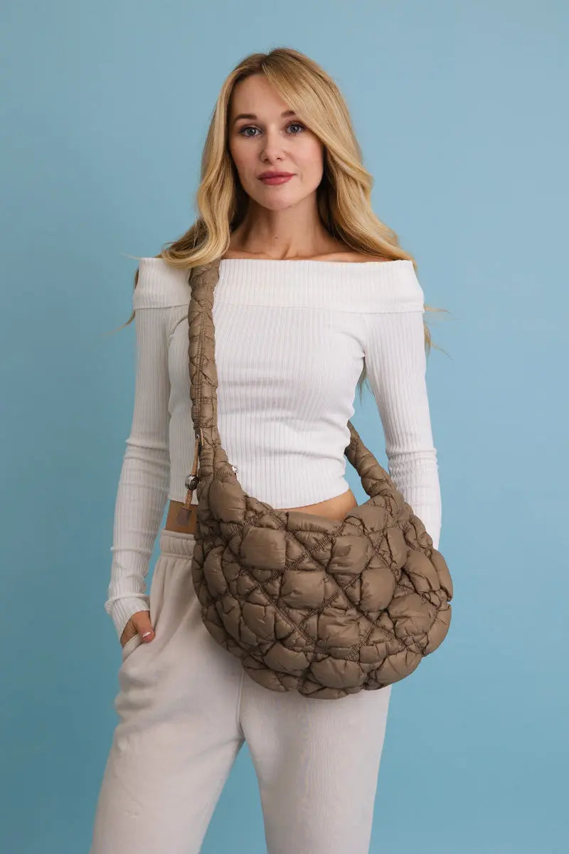 Boho Clothing and Accessories Carry All Quilted Puffer Crossbody Bag 👜 in Mocha - Boho Style - Boho Style Crossbody Bags