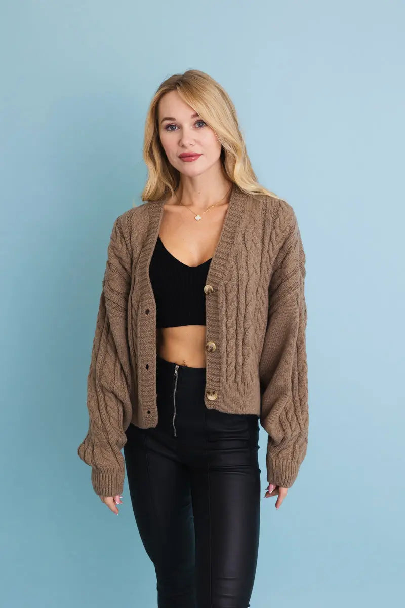 Boho Clothing and Accessories Chunky Cable Knit Button-up Cropped Cardigan 🧥 Top in XS/S - Boho Style - Boho Style Cardigan
