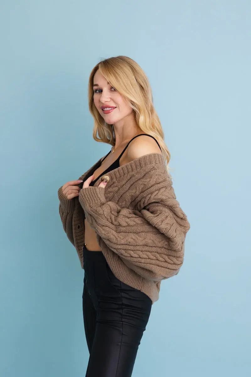 Boho Clothing and Accessories Chunky Cable Knit Button-up Cropped Cardigan 🧥 Top in XS/S view 3 - Boho Style