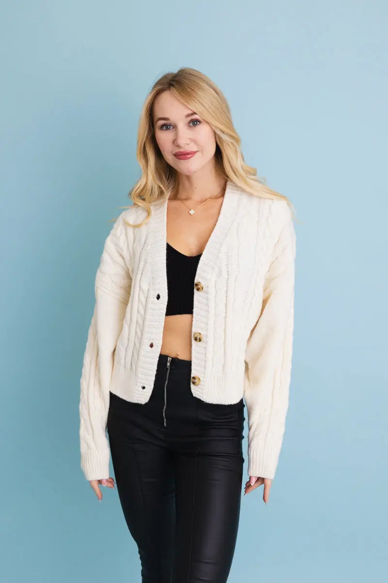 Boho Clothing and Accessories Chunky Cable Knit Button-up Cropped Cardigan 🧥 Top in M/L view 7 - Boho Style
