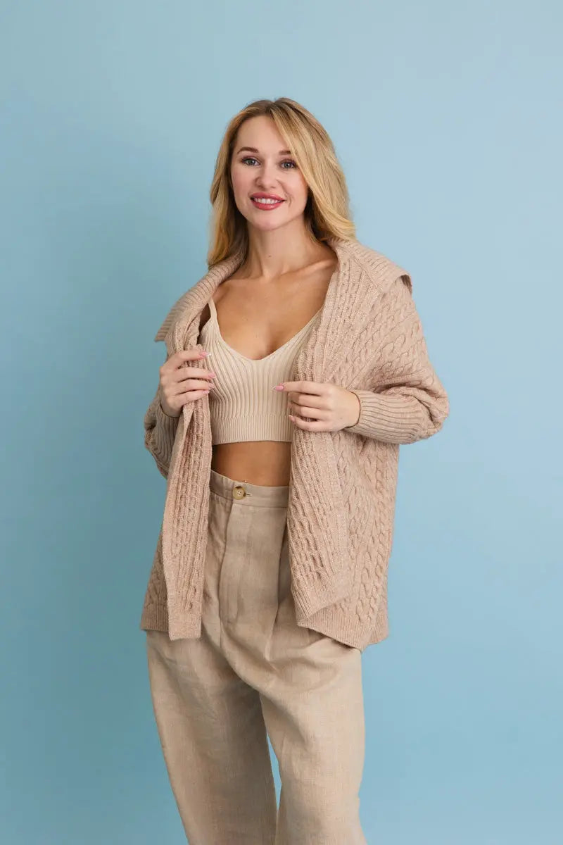 Boho Clothing and Accessories Chunky Cable Knit Oversized Poncho Cardigan Top view 12 - Relaxed Fit - Boho Style Cardigan