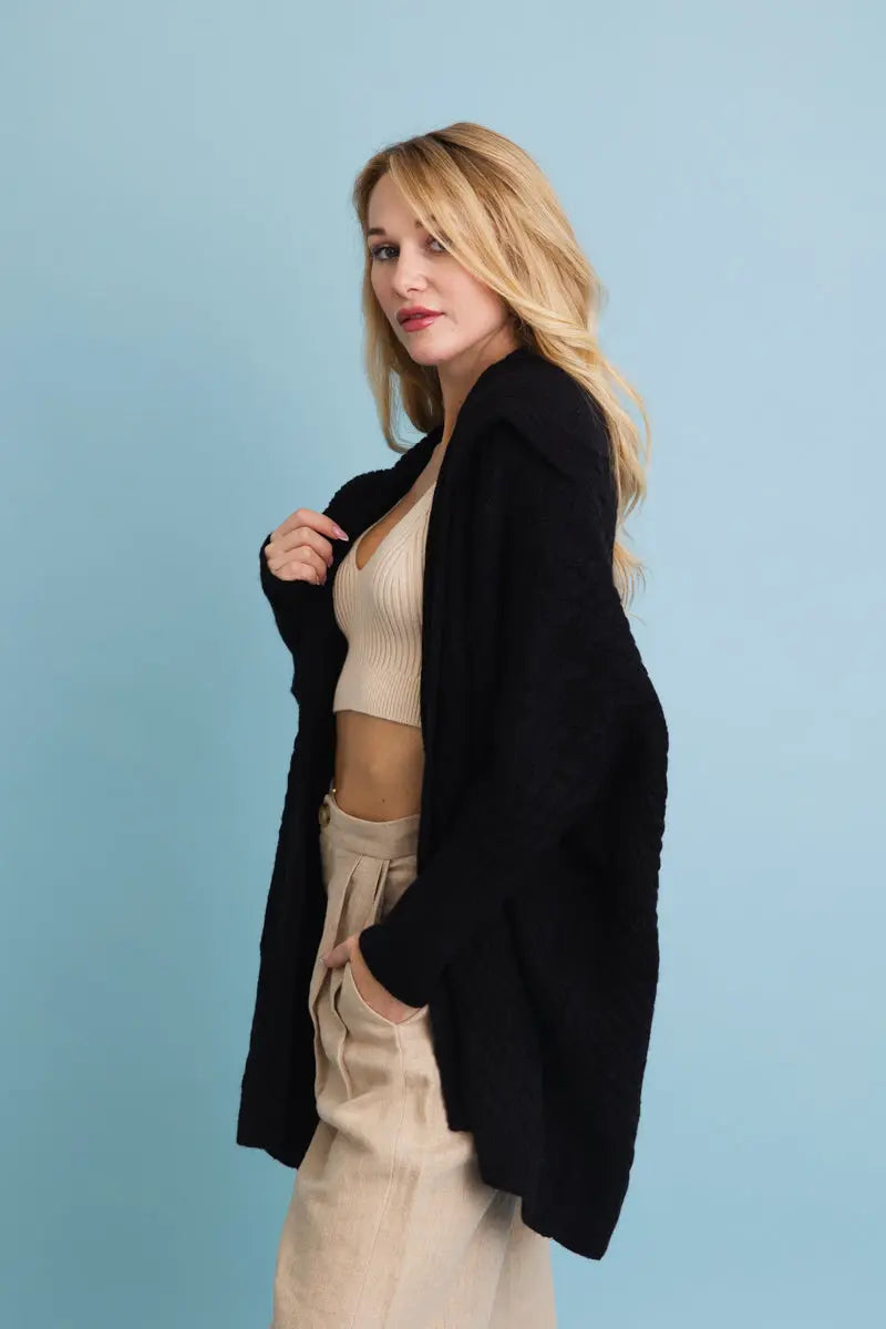Boho Clothing and Accessories Chunky Cable Knit Oversized Poncho Cardigan Top in One Size view 3 - Relaxed Fit
