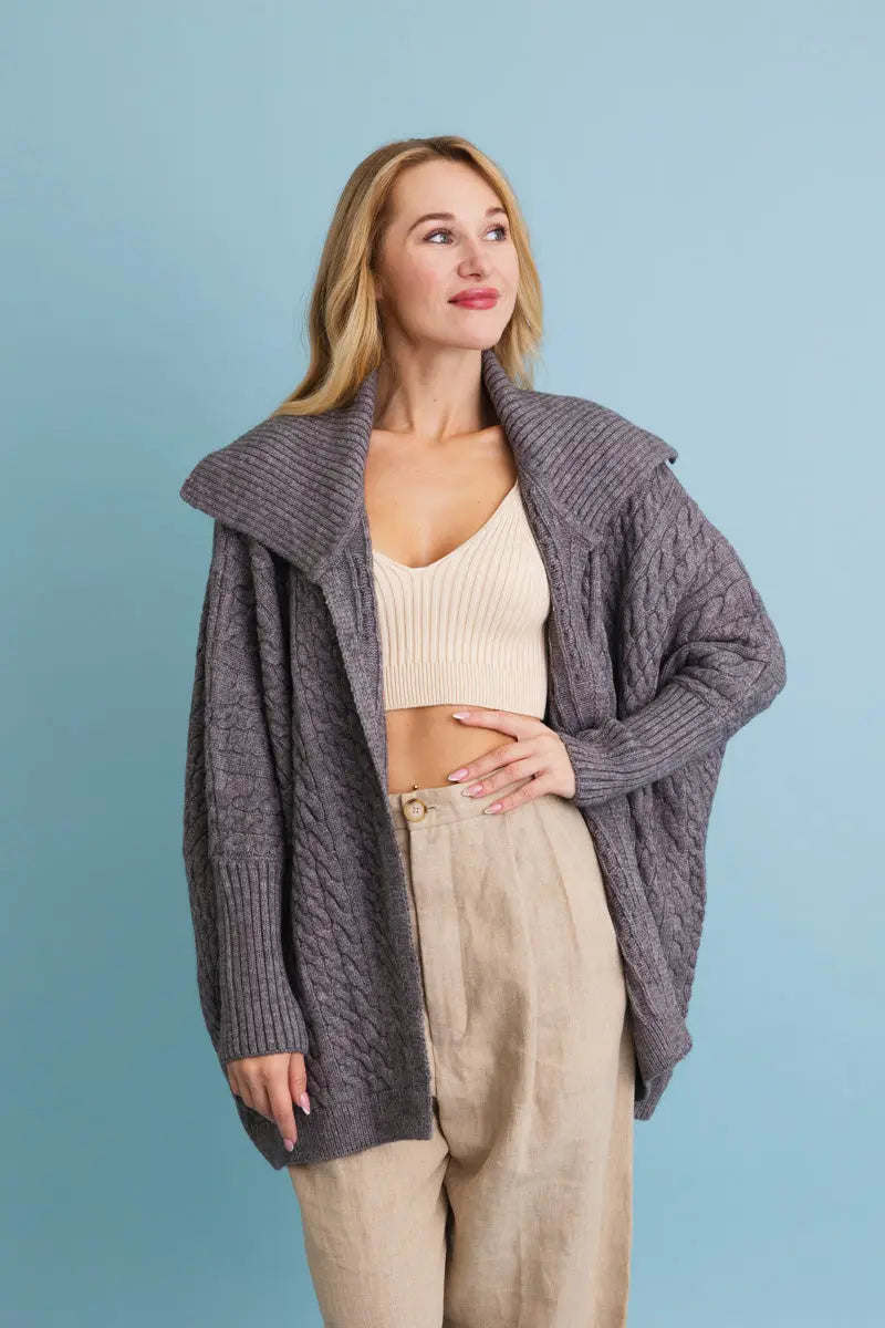 Boho Clothing and Accessories Chunky Cable Knit Oversized Poncho Cardigan Top view 8 - Relaxed Fit - Boho Style Cardigan
