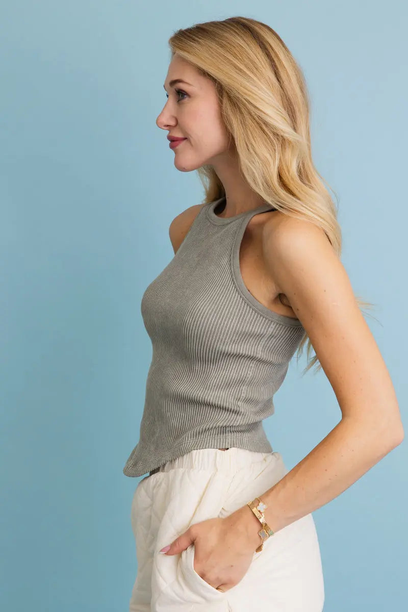 Boho Clothing and Accessories Classic Basic Washed Ribbed Tank Top in M/L view 4 - Boho Style - Classic Basic Tops