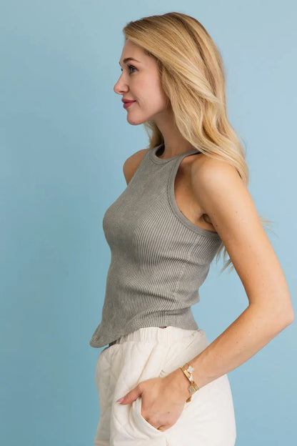 Boho Clothing and Accessories Classic Basic Washed Ribbed Tank Top in M/L view 4 - Boho Style - Classic Basic Tops