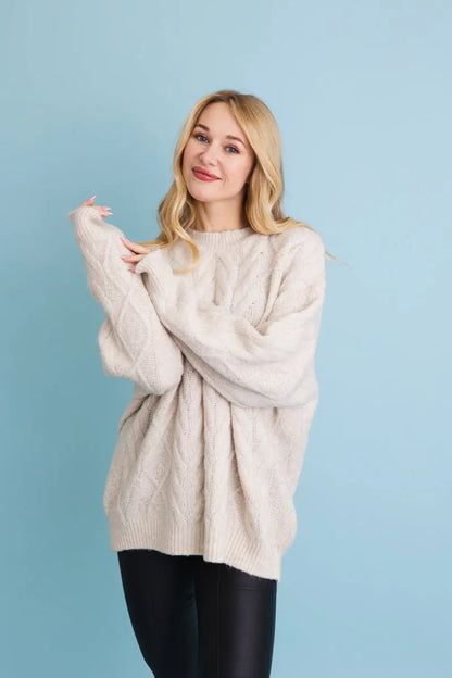 Boho Clothing and Accessories Classic Soft Cable Knit Pullover Sweater in M/L view 3 - Boho Style - Soft Classic Sweaters