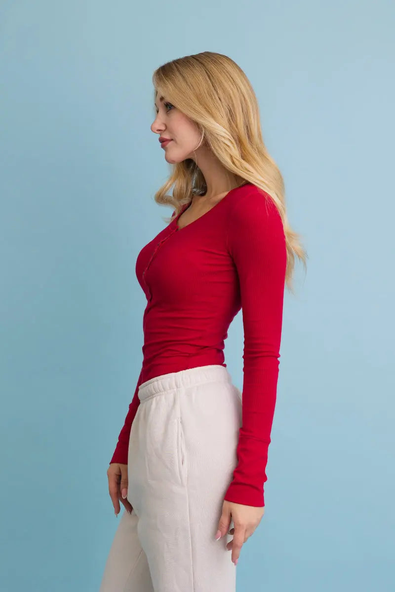 Boho Clothing and Accessories Cotton Long Sleeve Ribbed Henley Top with Buttons view 11 - Boho Style - Boho Clothing Tops